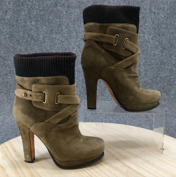 Joan & David Boots Womens 7 M Sweater Cuff Heels Ankle Bootie Sage color Suede. - Picture 1 of 8